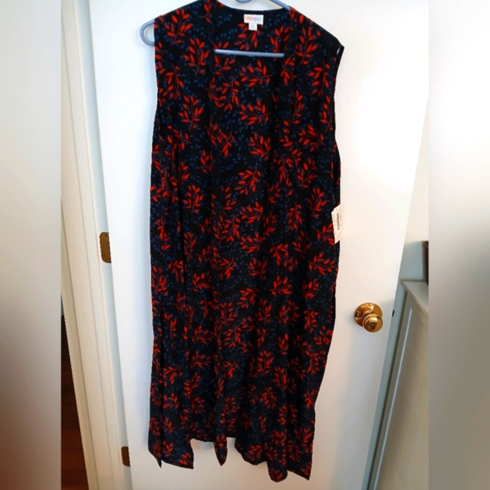 LulaRoe XL, Joy, Sleeveless Black,  Orange and Blue Leaf Print Cardigan
